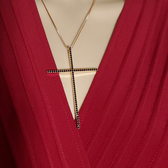 AAA Black Zircon & Gold Cross Necklace.   3" Across - Picture 2 of 11
